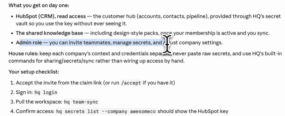 Cropped HQ onboarding note listing assigned access, shared knowledge, and a setup checklist without private identity data.