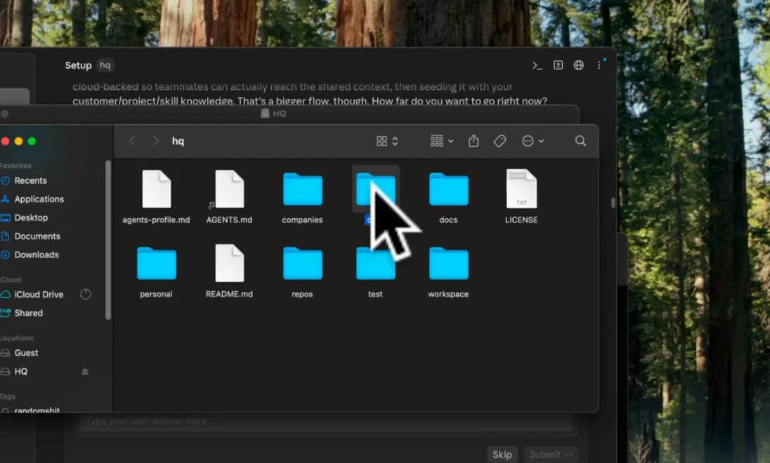 Finder showing the HQ directory with company, personal, repository, and workspace areas.