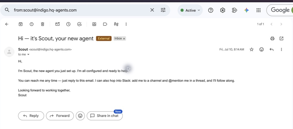 An email sent by an HQ Agent from its persistent company email address.
