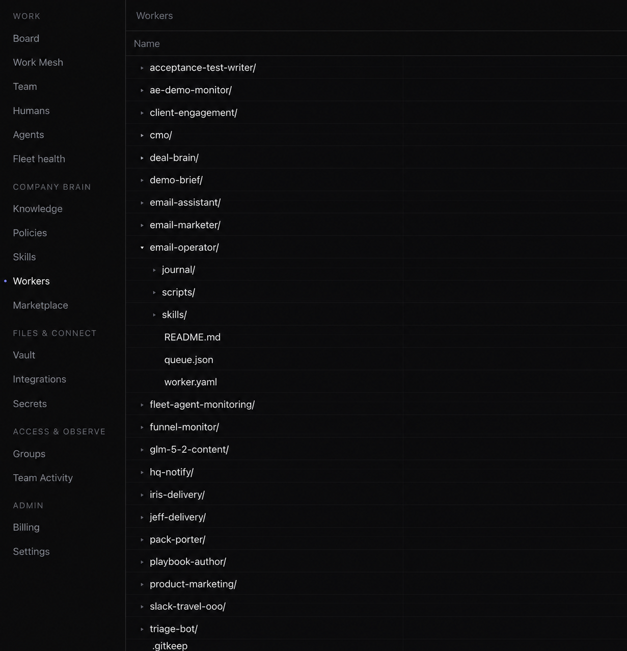 HQ Console Workers directory with the email-operator Worker expanded to show its durable files.