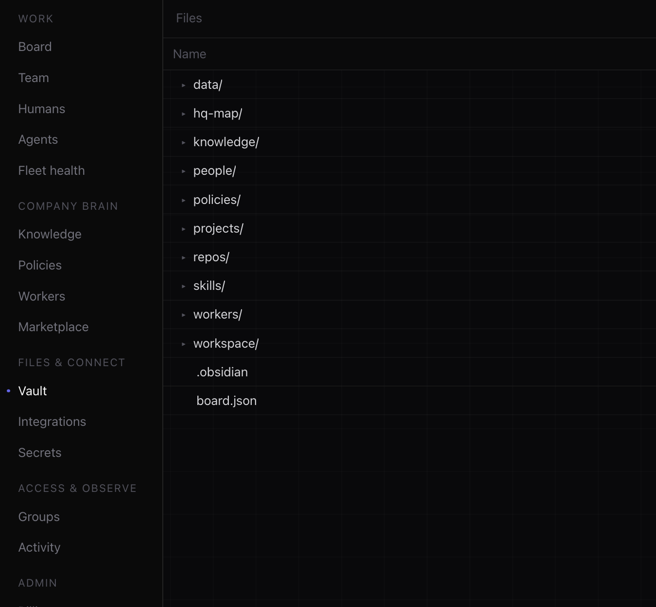 HQ Console with the company Vault open.