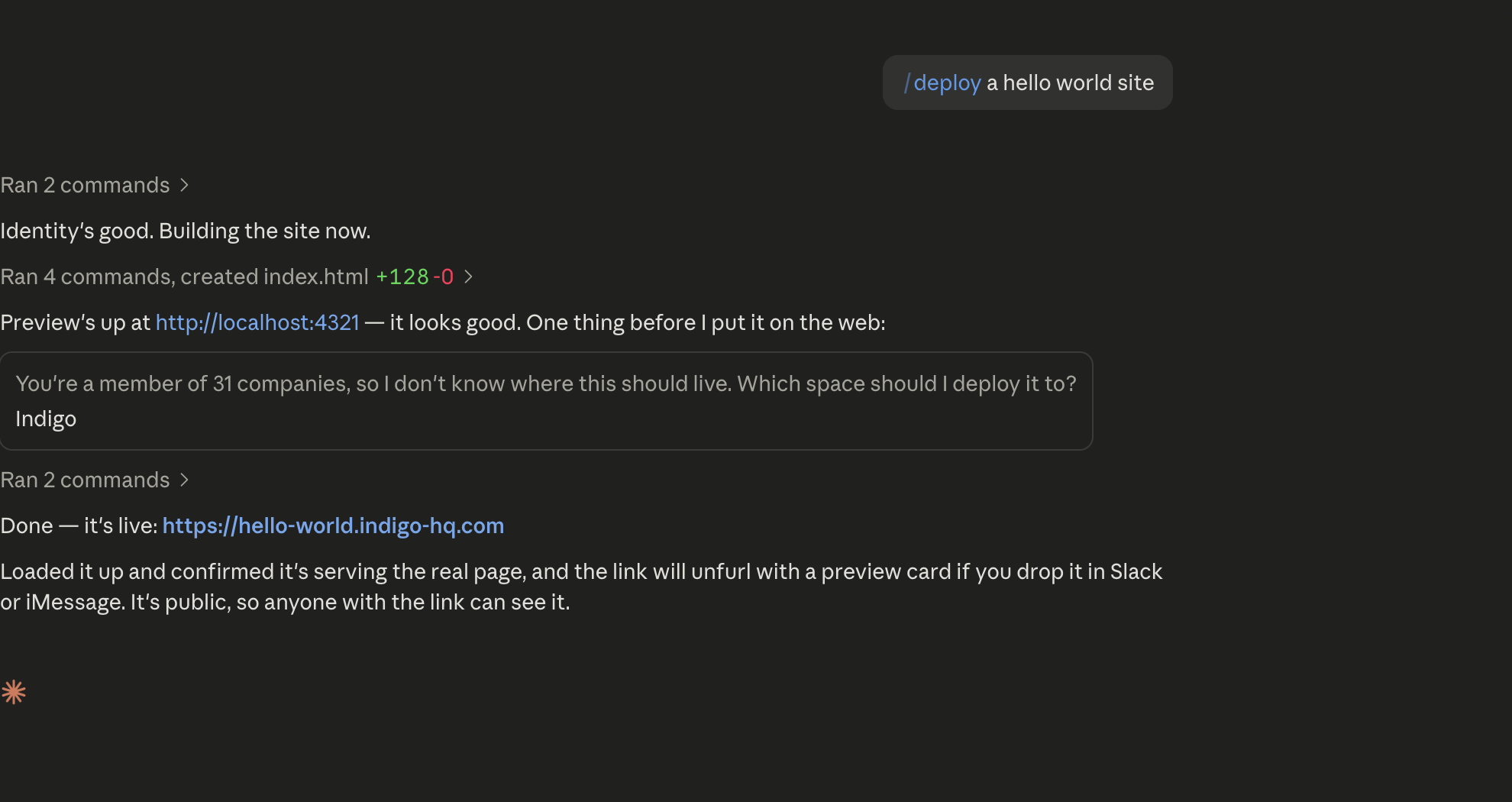 An AI conversation showing the slash deploy request, deployment work, and the returned live link.