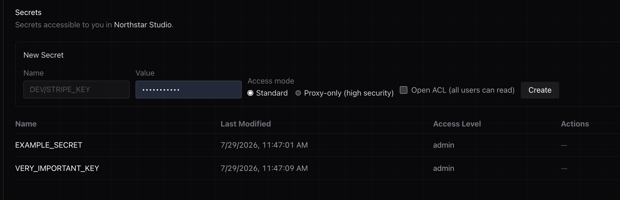 HQ Secrets showing securely stored company credentials.