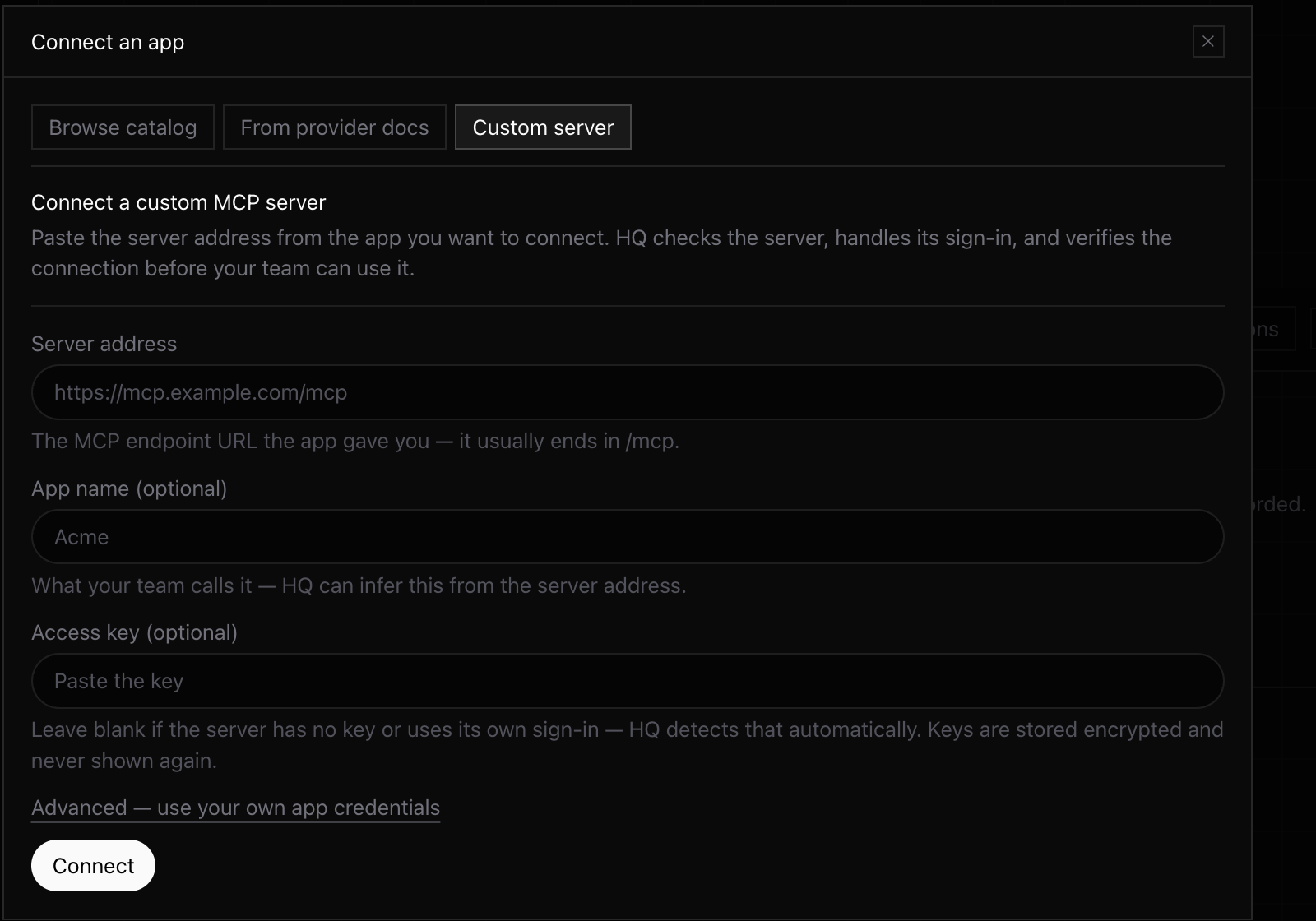 A custom MCP server connected to HQ.