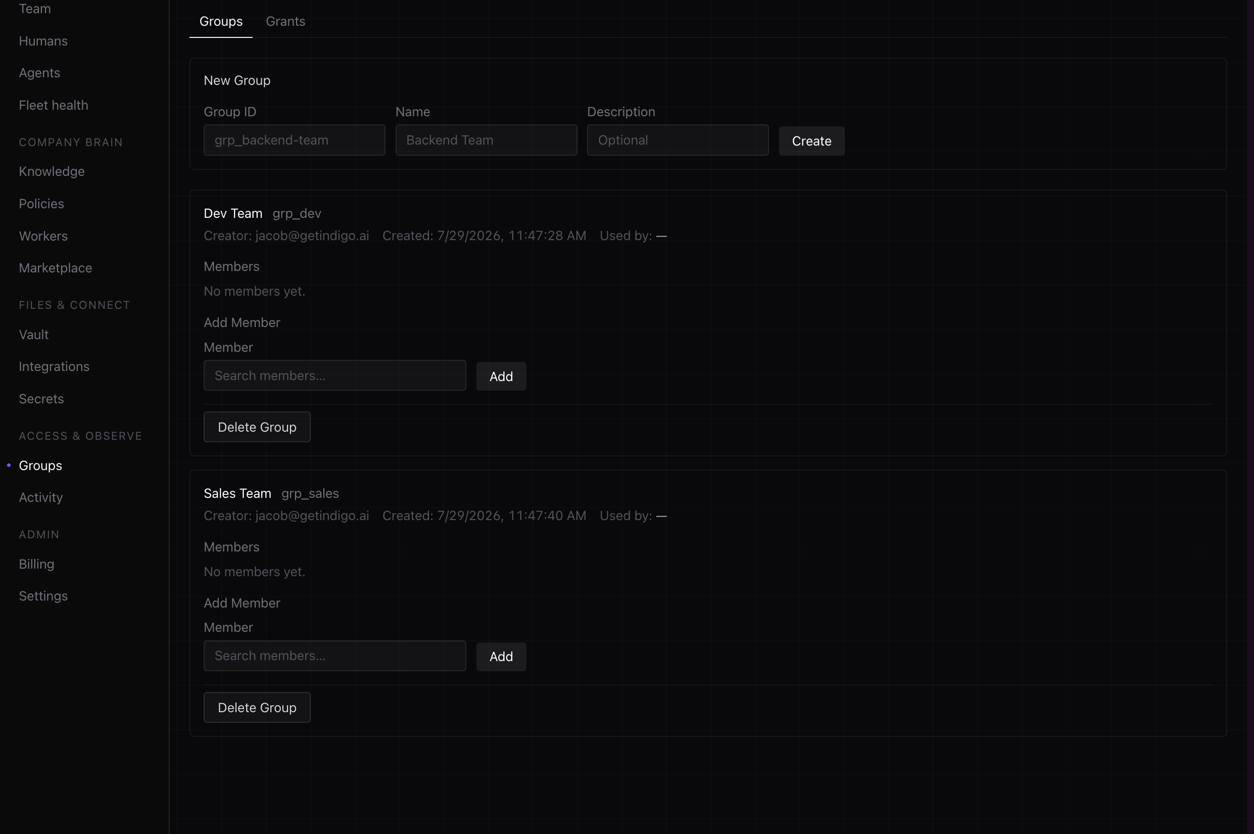 HQ Console showing groups used to provision company access.
