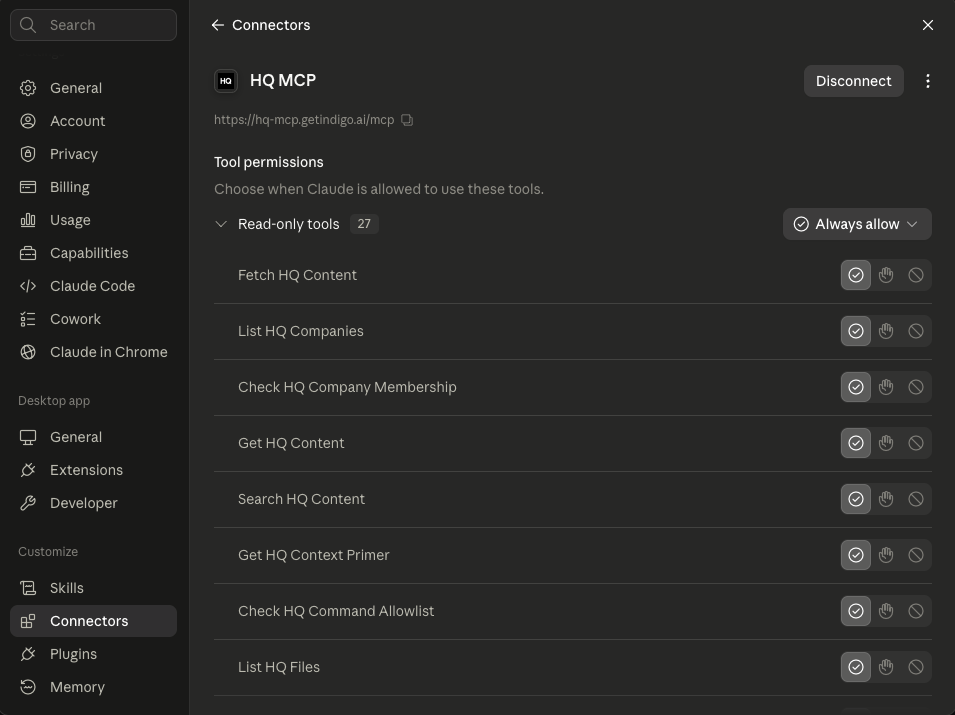 HQ MCP connected in Claude with read-only company tool permissions.